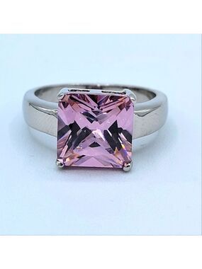 Pink Crystal Ring In Silvertone Setting #1675